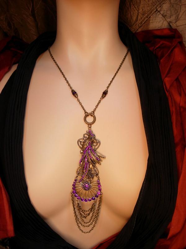 Dramatic PURPLE rhinestone Peacock chandelier necklace LONG swags