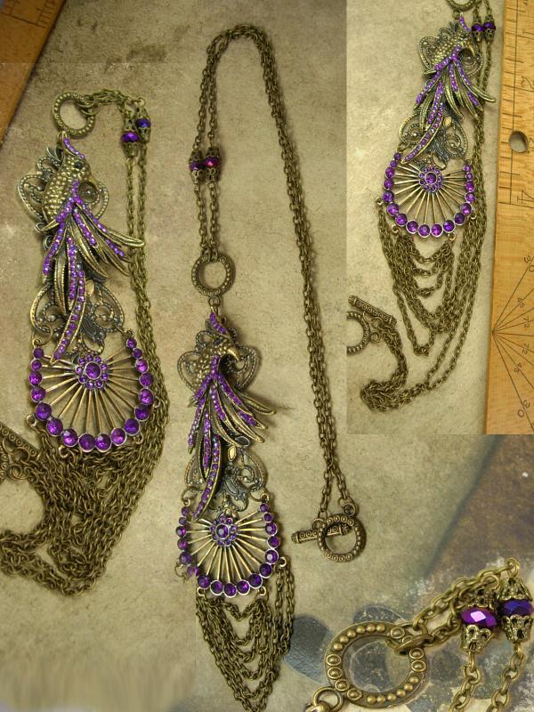 Dramatic PURPLE rhinestone Peacock chandelier necklace LONG swags