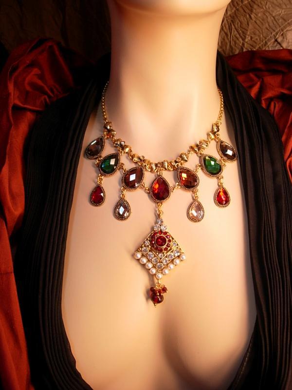 Persian Jeweled Drop Bib Necklace pearls and rhinestones statement necklace