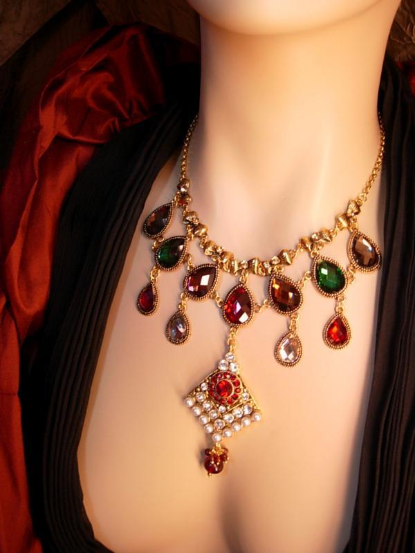 Persian Jeweled Drop Bib Necklace pearls and rhinestones statement necklace