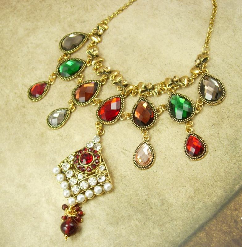 Persian Jeweled Drop Bib Necklace pearls and rhinestones statement necklace