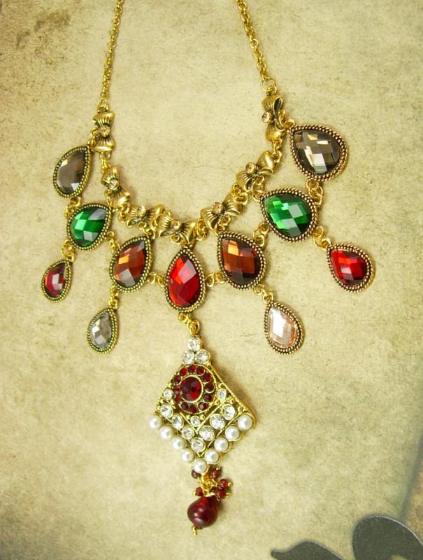 Persian Jeweled Drop Bib Necklace pearls and rhinestones statement necklace
