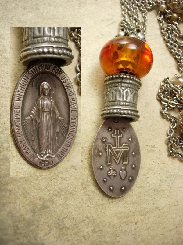 Antique 1830 Sterling Miraculous Medal Rosary Necklace Sacred Heart