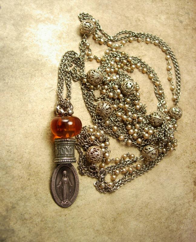 Antique 1830 Sterling Miraculous Medal Rosary Necklace Sacred Heart