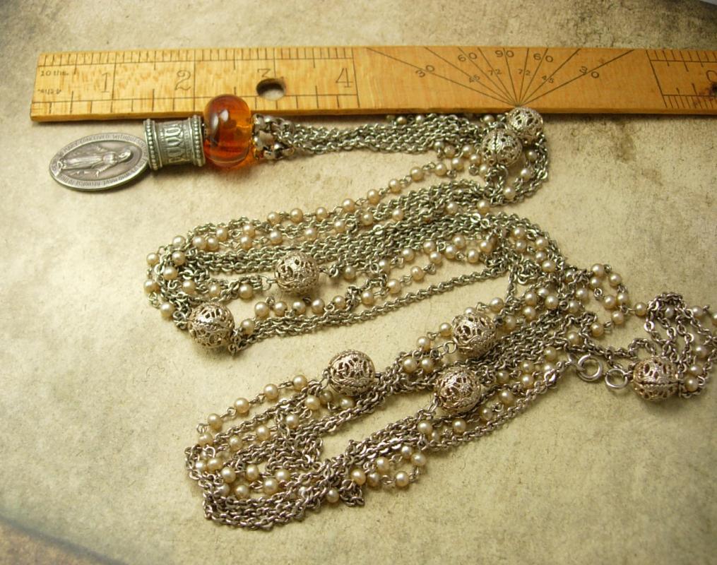 Antique 1830 Sterling Miraculous Medal Rosary Necklace Sacred Heart