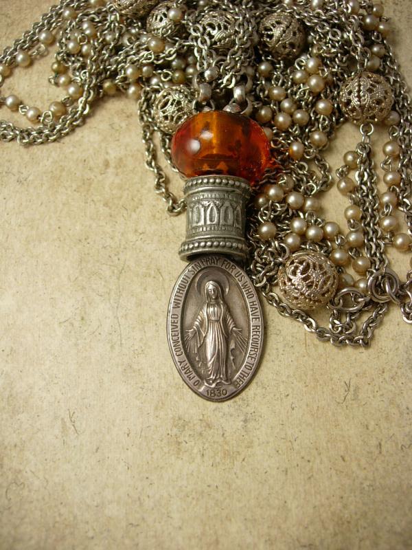 Antique 1830 Sterling Miraculous Medal Rosary Necklace Sacred Heart