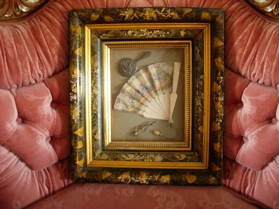 AWESOME antique Victorian mourning shadowbox Carved Bird Frame