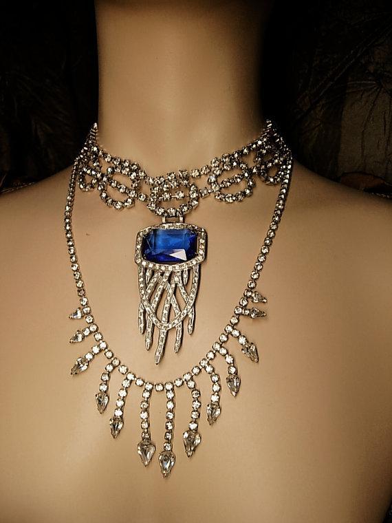 Art Deco Pendant Necklace Statement necklace dripping in rhinestones costume jewelry