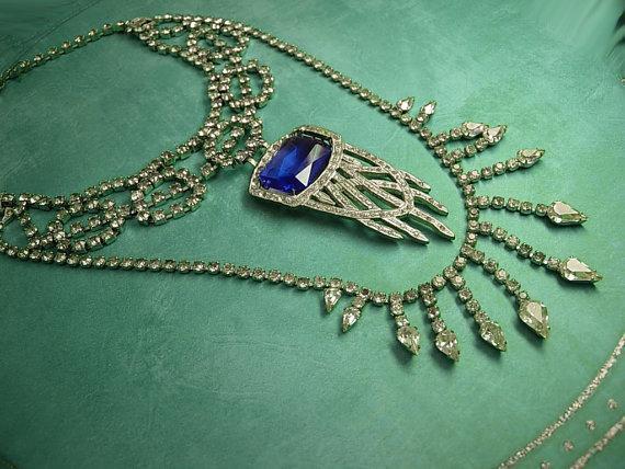 Art Deco Pendant Necklace Statement necklace dripping in rhinestones costume jewelry