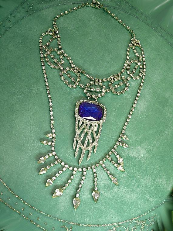 Art Deco Pendant Necklace Statement necklace dripping in rhinestones costume jewelry
