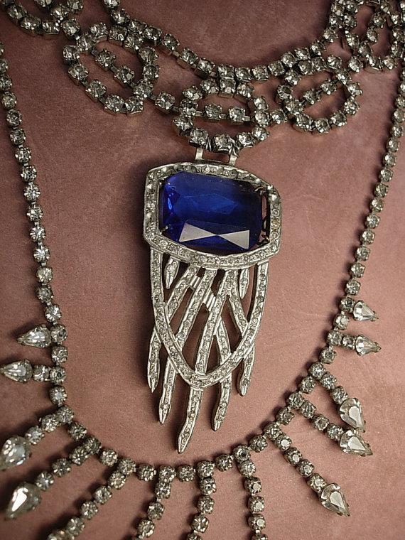 Art Deco Pendant Necklace Statement necklace dripping in rhinestones costume jewelry