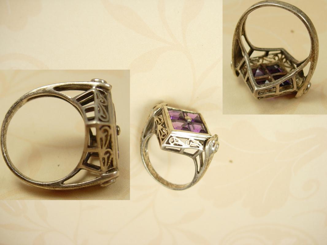 Vintage Art deco Amethyst sterling Ring Gorgeous setting with filigree