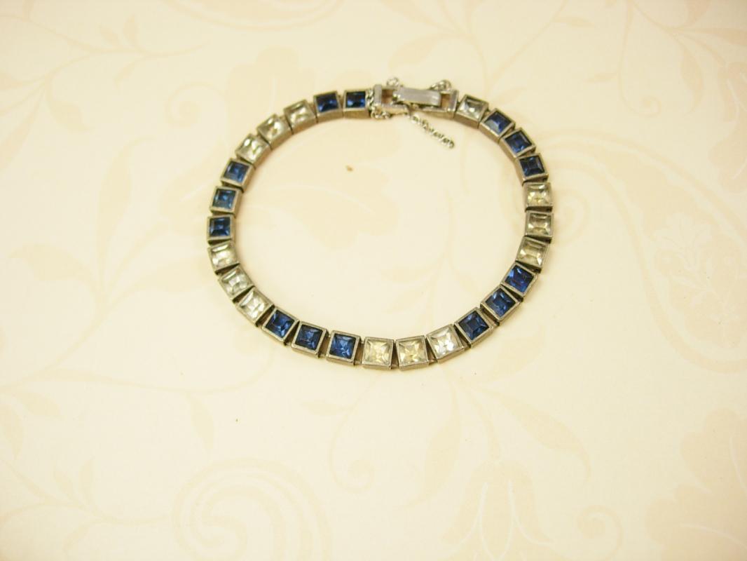 Vintage Sterling Art Deco Bracelet Blue and clear Paste stones