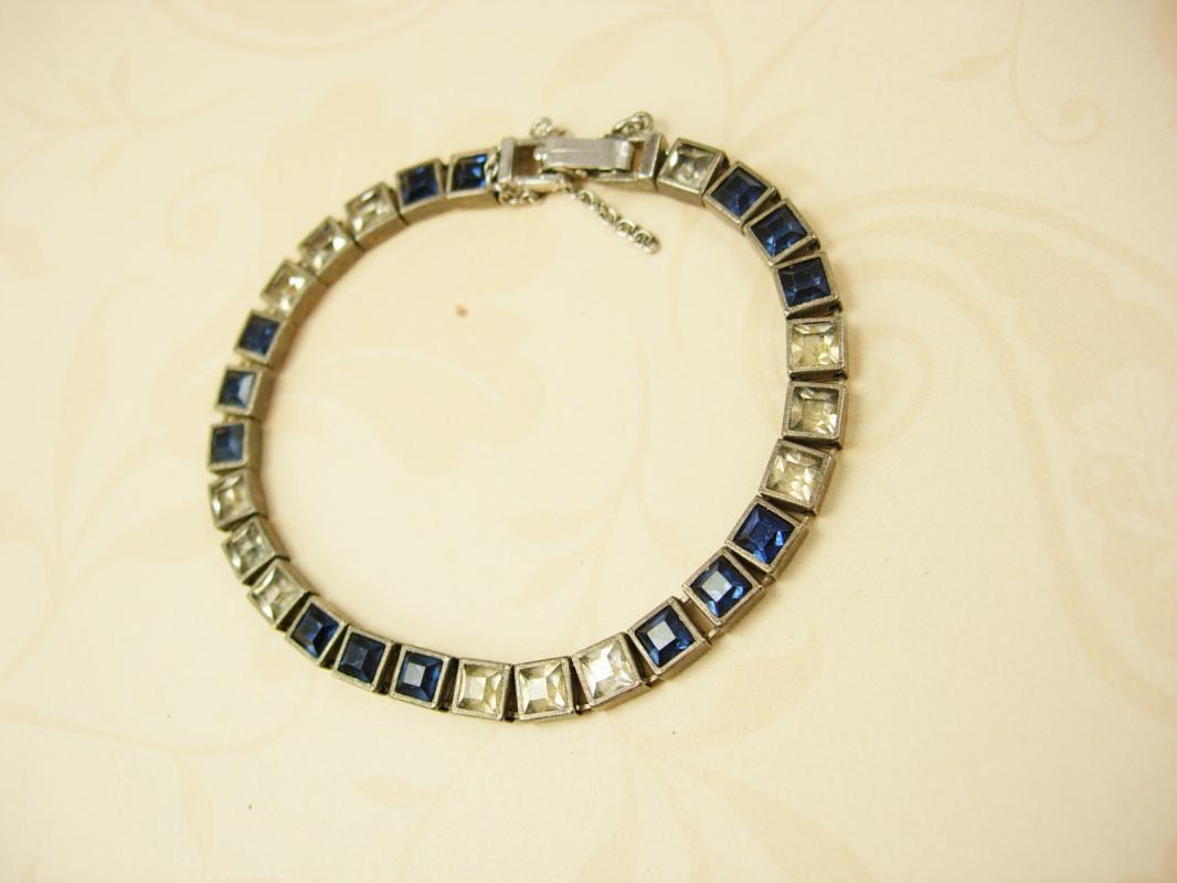 Vintage Sterling Art Deco Bracelet Blue and clear Paste stones