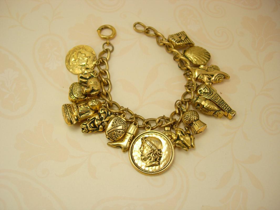 Vintage Devil head Egyptian Charm bracelet mummy coin Buddah 16 charms