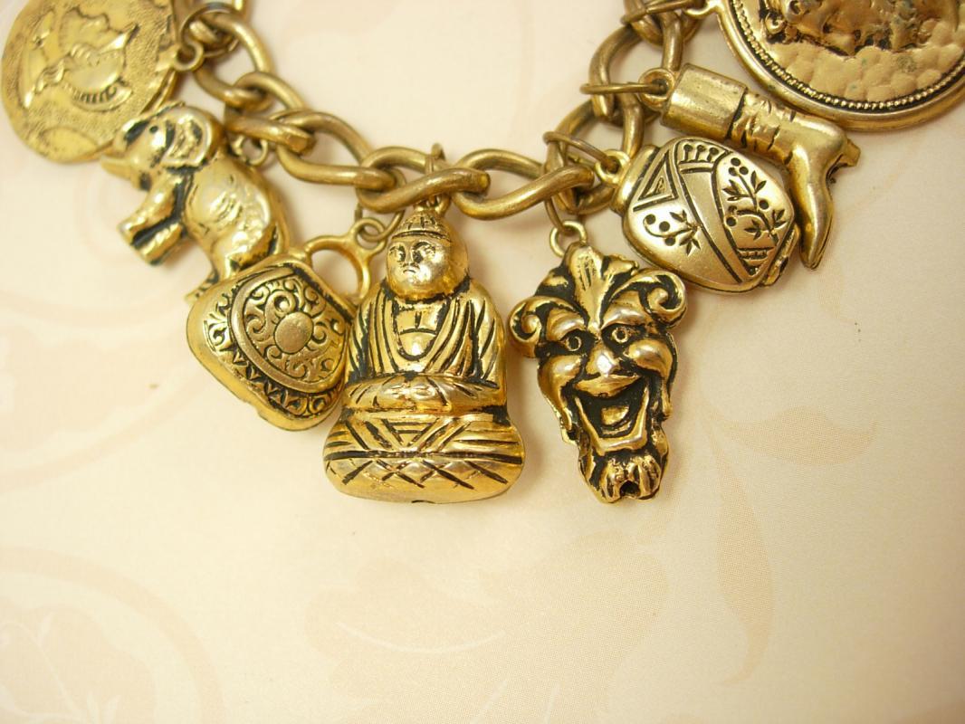 Vintage Devil head Egyptian Charm bracelet mummy coin Buddah 16 charms