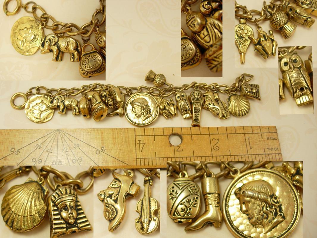 Vintage Devil head Egyptian Charm bracelet mummy coin Buddah 16 charms