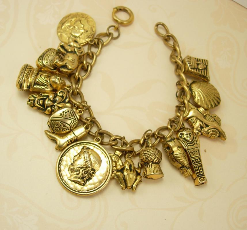 Vintage Devil head Egyptian Charm bracelet mummy coin Buddah 16 charms