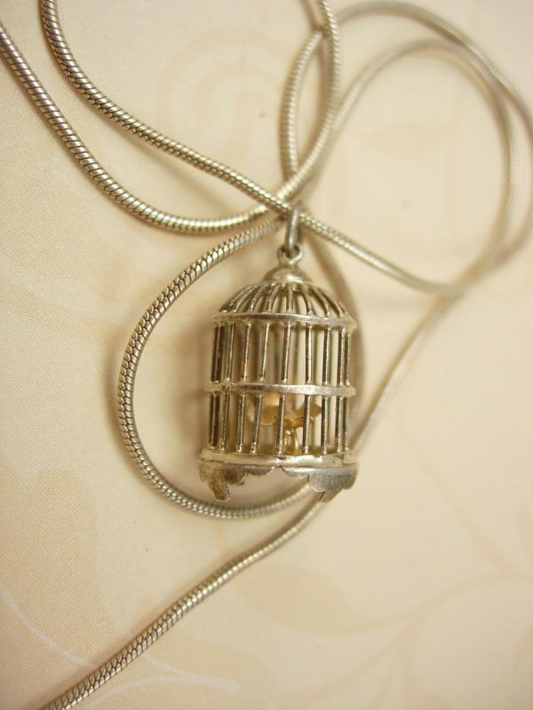 Vintage Sterling birdcage and gilded bird necklace pendant Marie Antoinette