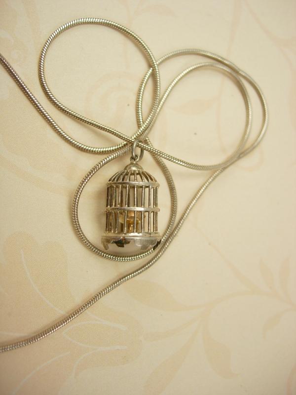 Vintage Sterling birdcage and gilded bird necklace pendant Marie Antoinette