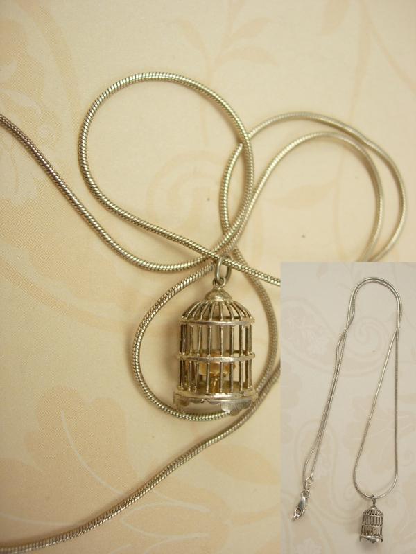 Vintage Sterling birdcage and gilded bird necklace pendant Marie Antoinette