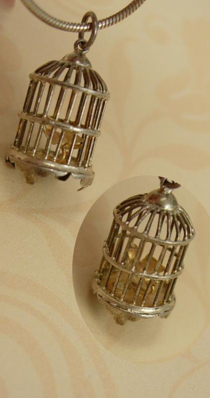 Vintage Sterling birdcage and gilded bird necklace pendant Marie Antoinette