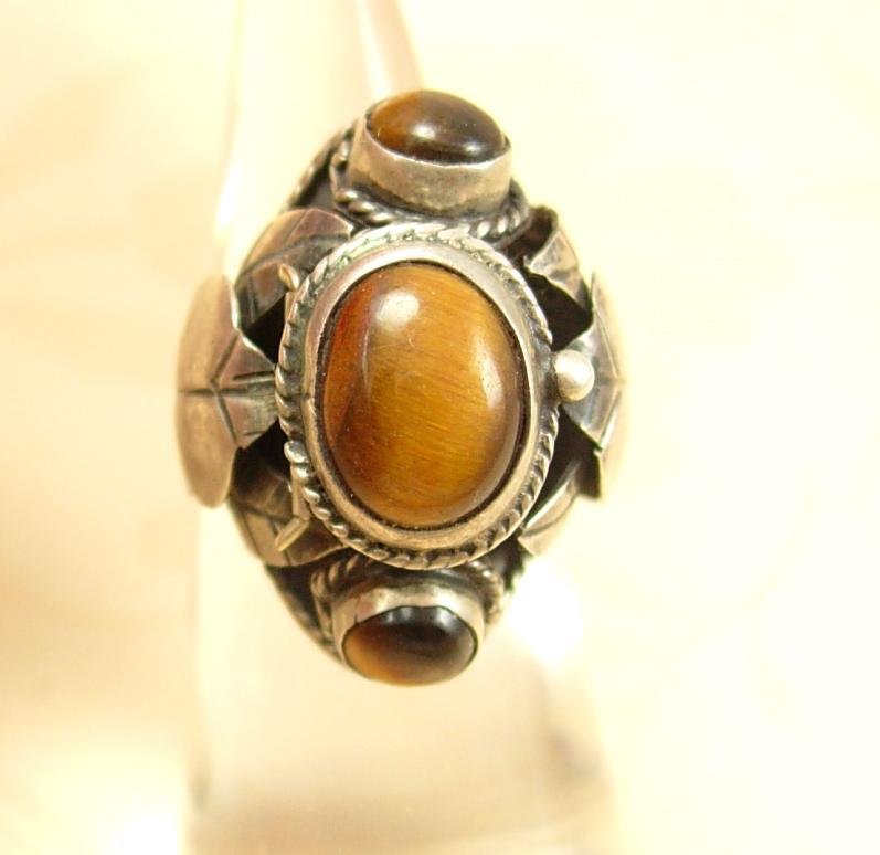 Vintage Art Nouveau sterling tigereye Ring HUGE dramatic setting hallmarked eagle