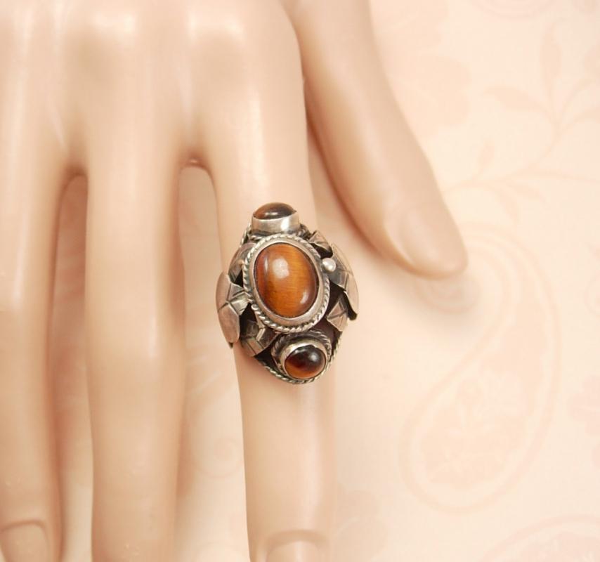 Vintage Art Nouveau sterling tigereye Ring HUGE dramatic setting hallmarked eagle