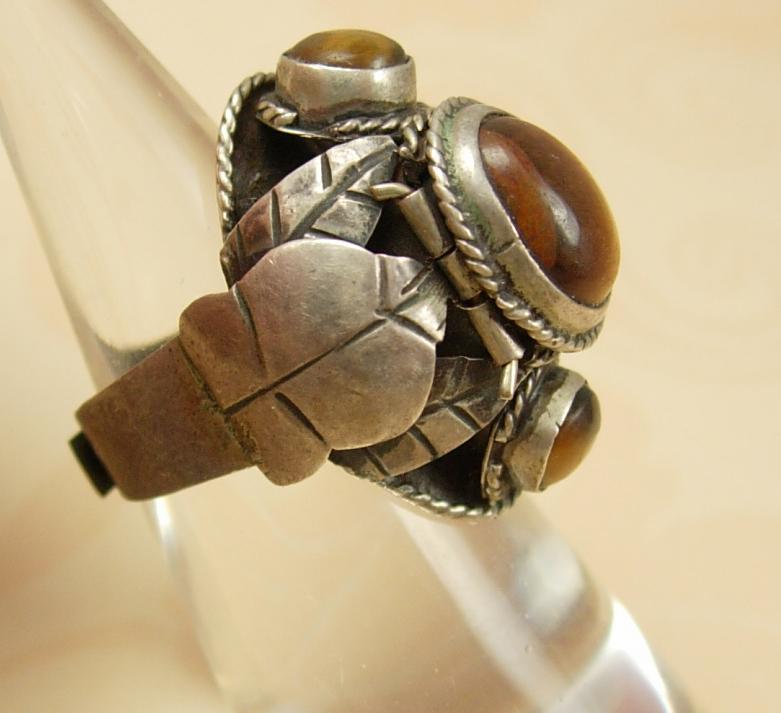 Vintage Art Nouveau sterling tigereye Ring HUGE dramatic setting hallmarked eagle
