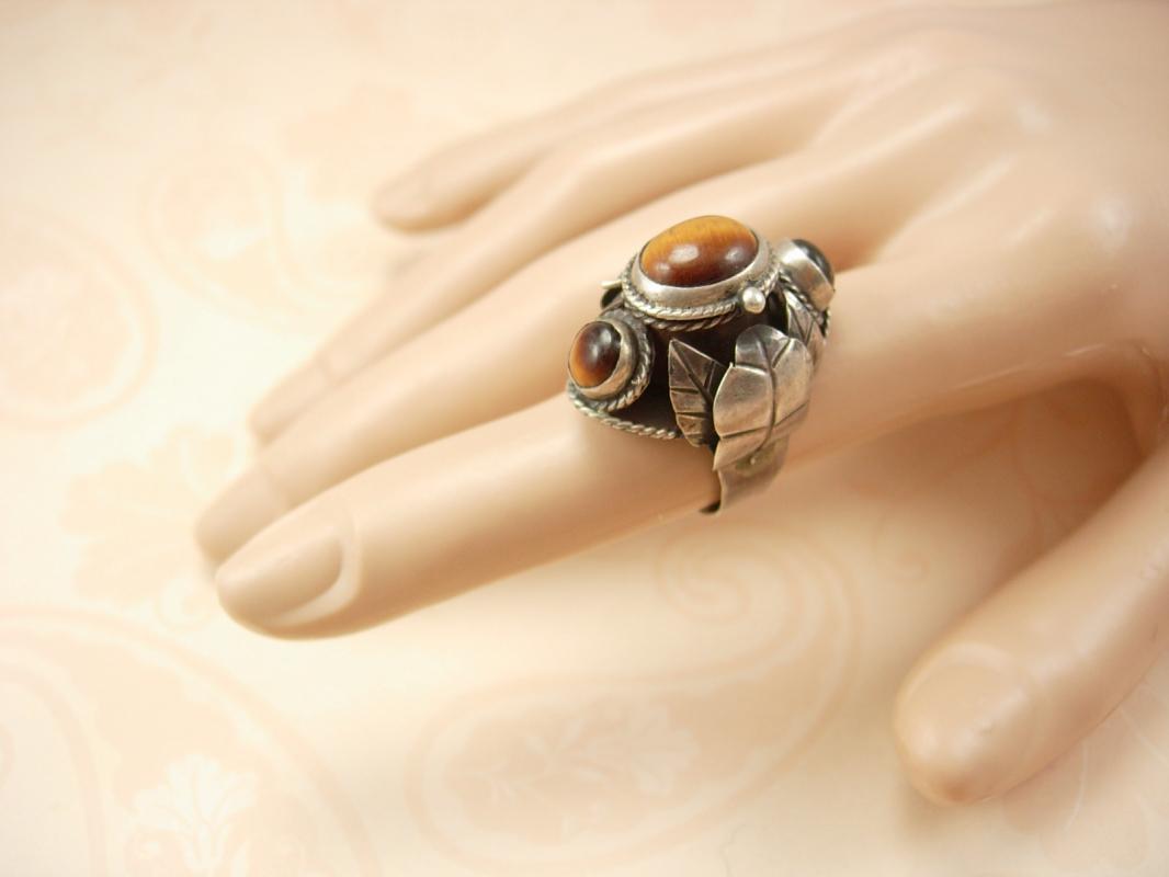 Vintage Art Nouveau sterling tigereye Ring HUGE dramatic setting hallmarked eagle
