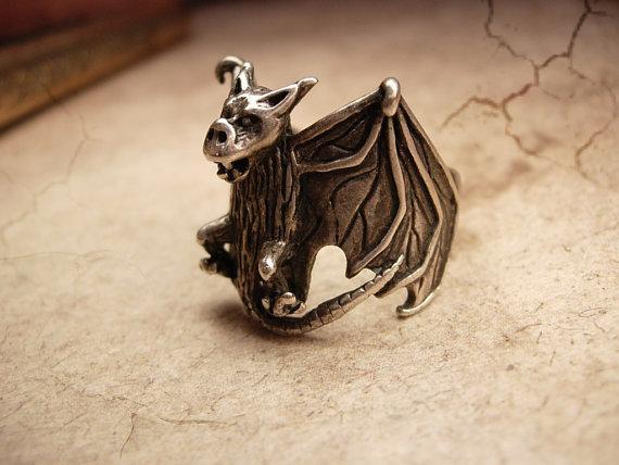 HUGE Halloween FIERCE sterling Gothic Bat Ring SIGNED
