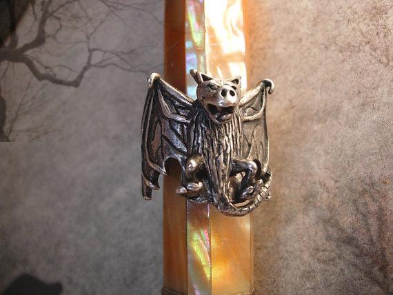 HUGE Halloween FIERCE sterling Gothic Bat Ring SIGNED