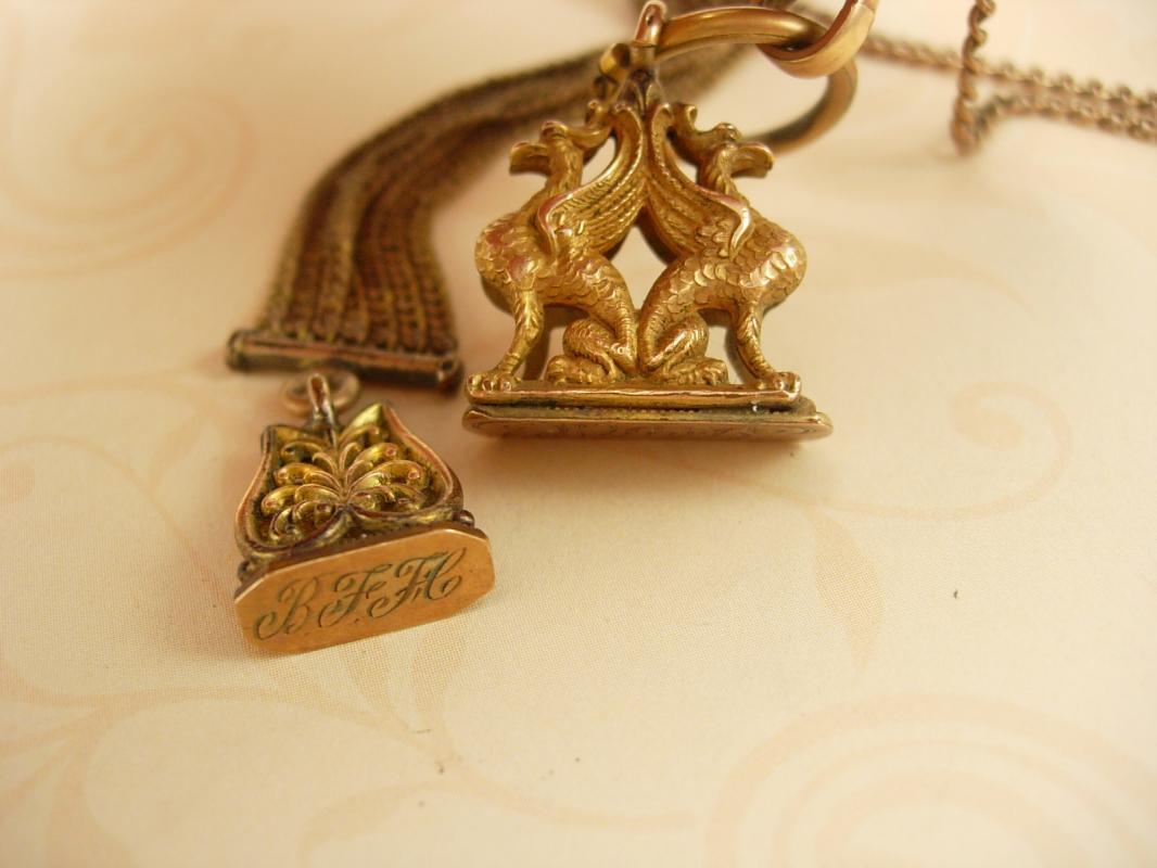 Antique Griffin Mythical Creature watch fob and chain with wax seals