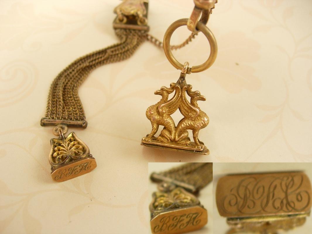 Antique Griffin Mythical Creature watch fob and chain with wax seals