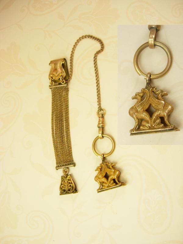 Antique Griffin Mythical Creature watch fob and chain with wax seals