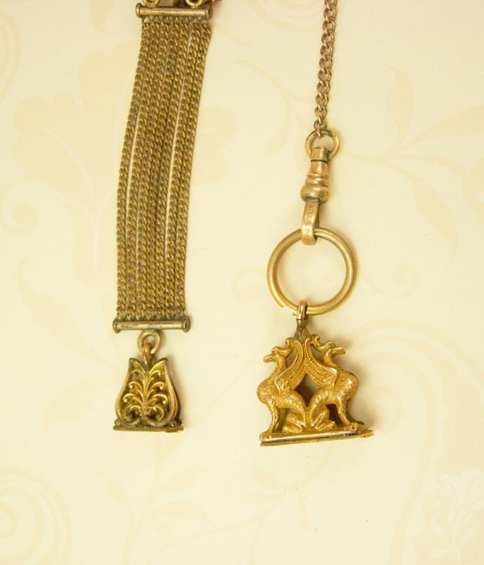 Antique Griffin Mythical Creature watch fob and chain with wax seals