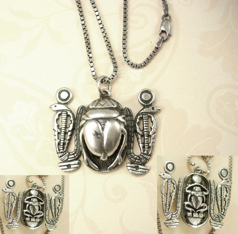BIG VIntage Hallmarked Scarab Snake necklace Sterling Egyptian revival Detailed back touch marks on front