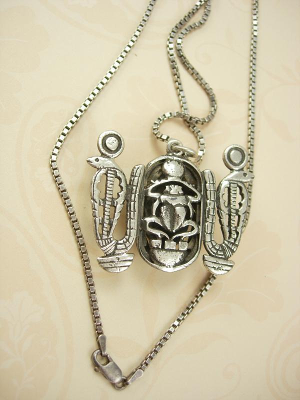 BIG VIntage Hallmarked Scarab Snake necklace Sterling Egyptian revival Detailed back touch marks on front