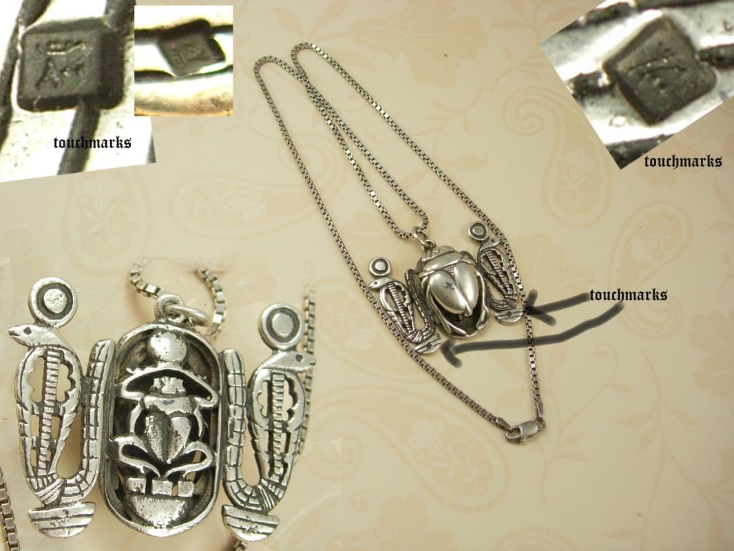BIG VIntage Hallmarked Scarab Snake necklace Sterling Egyptian revival Detailed back touch marks on front