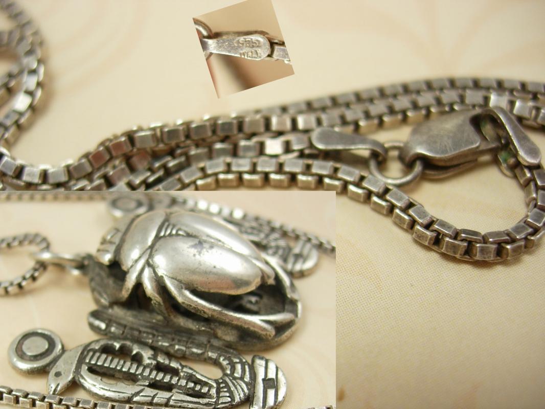 BIG VIntage Hallmarked Scarab Snake necklace Sterling Egyptian revival Detailed back touch marks on front