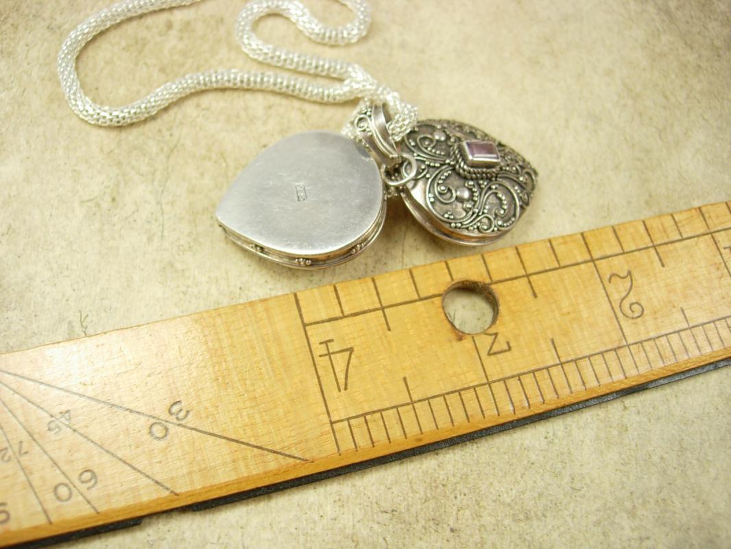 Vintage Amethyst Poison Heart Pillbox necklace locket etruscan pendant sterling