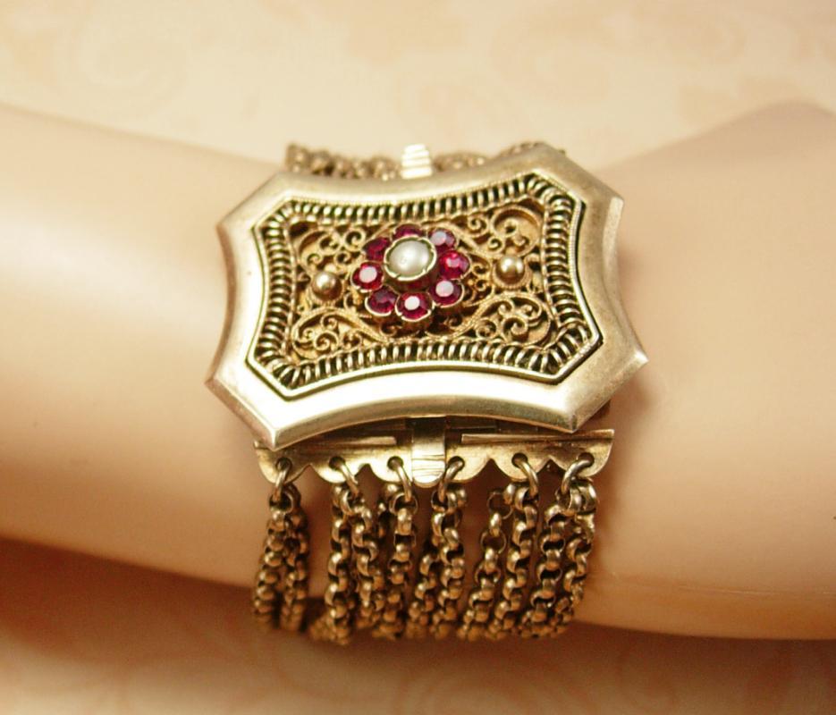 Antique 1800's sterling austro Hungarian Bracelet hallmarked garnets and pearls