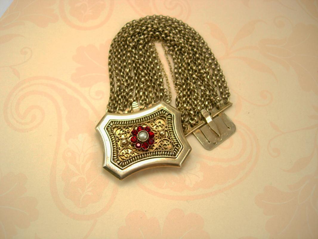 Antique 1800's sterling austro Hungarian Bracelet hallmarked garnets and pearls