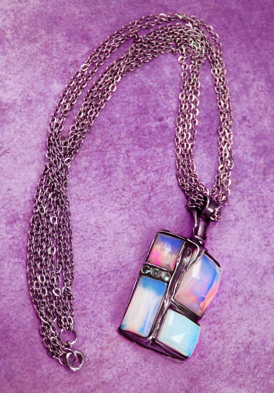 Vintage Mystical Signed Opal sterling huge necklace hand faceted stones Amir Paron