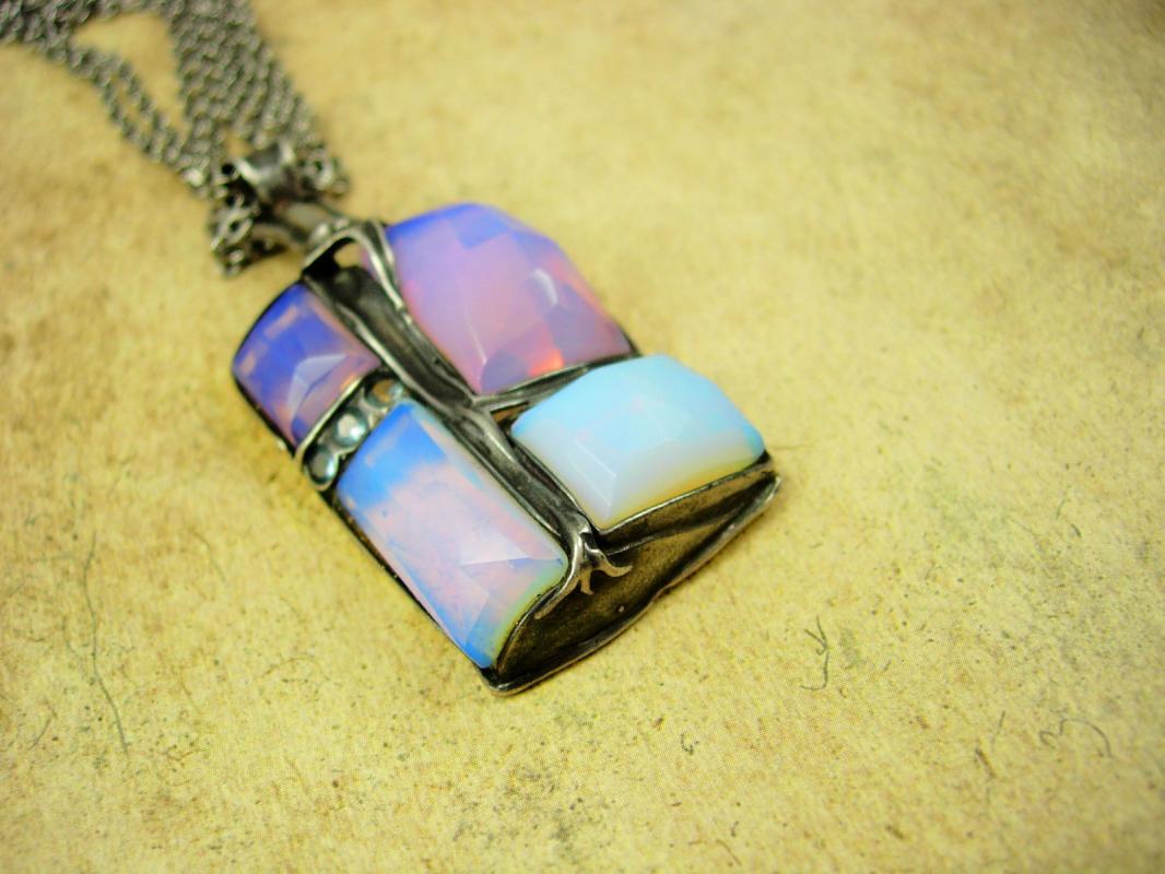 Vintage Mystical Signed Opal sterling huge necklace hand faceted stones Amir Paron