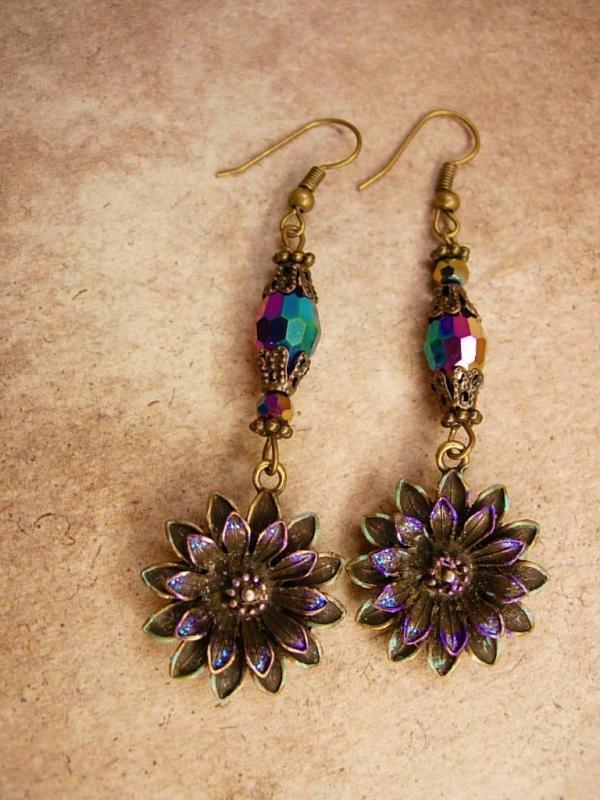 Aurora Borealis Chandelier earrings Iridescent flowers with glass beads