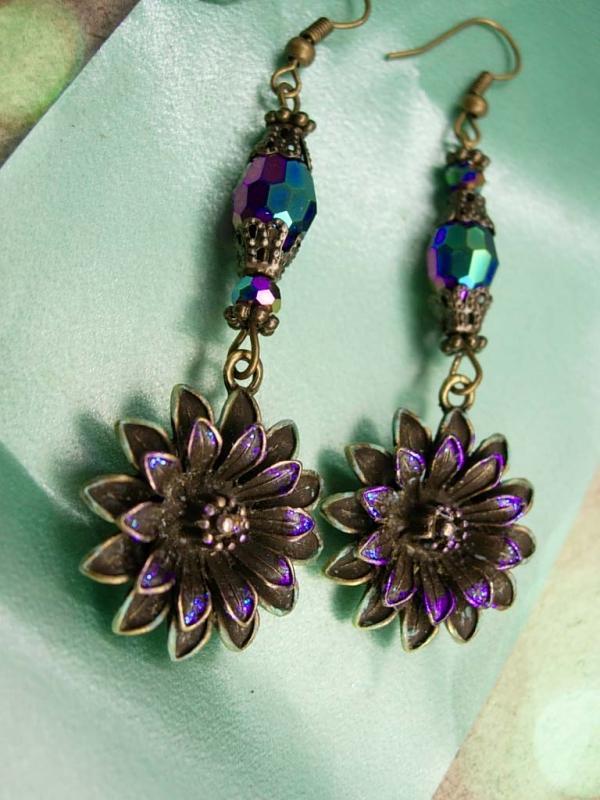 Aurora Borealis Chandelier earrings Iridescent flowers with glass beads