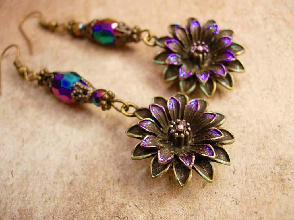 Aurora Borealis Chandelier earrings Iridescent flowers with glass beads