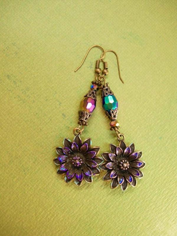 Aurora Borealis Chandelier earrings Iridescent flowers with glass beads