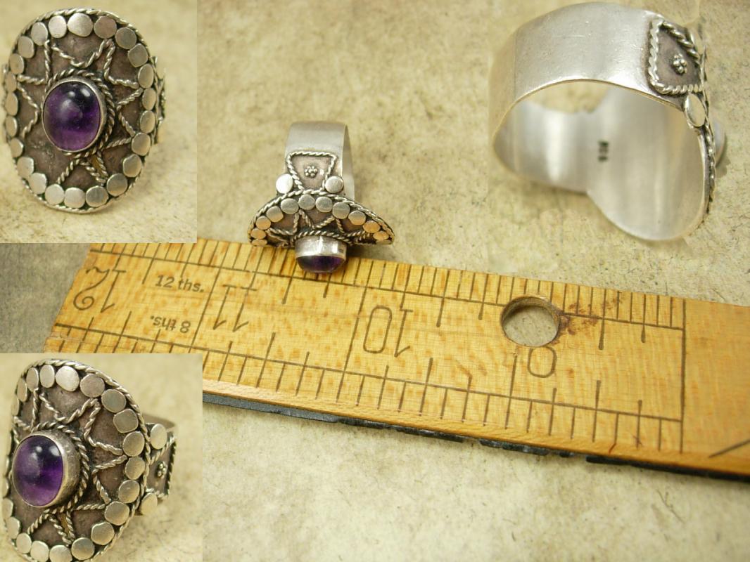 Vintage Mystical amethyst star Etruscan ring Sterling Hand wrought Aquarius birthstone